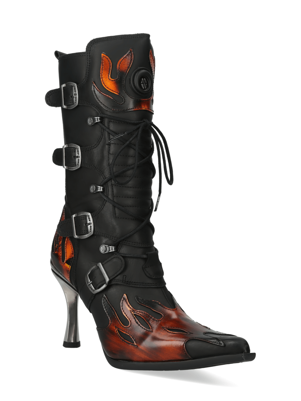 Fiery black gothic heeled boots with flame accents and buckles from Malicia Collection.
