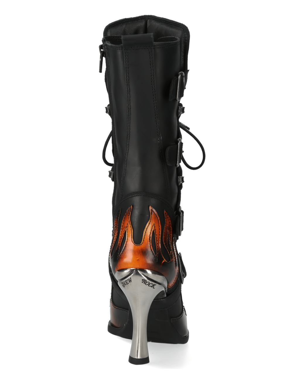 Fiery black gothic heeled boots with flame accents and multiple buckles from the back view, showcasing stylish metallic details.