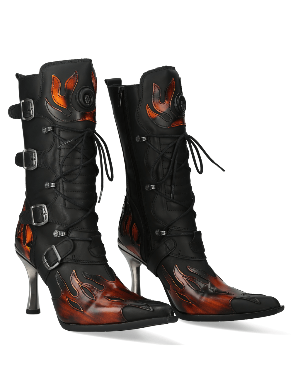 NEW ROCK Flame Accented Heeled Boots with Buckles