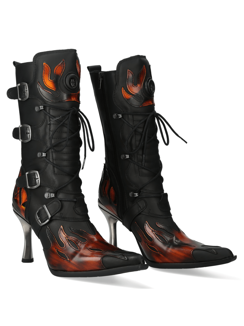 NEW ROCK black heeled boots with flame accents and buckles, perfect for bold gothic punk style.