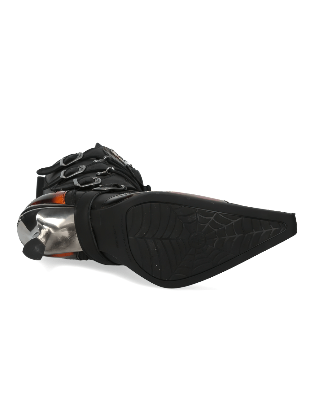 Fiery black gothic heeled boots with buckles and metallic accents, featuring a unique spider-web sole design.
