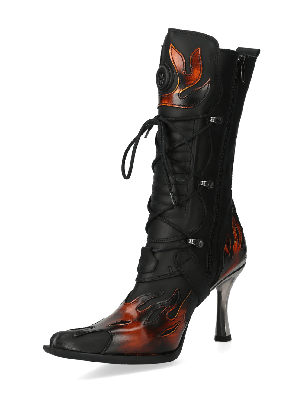Stylish black high-heeled boots with flame accents and buckles, perfect for a bold gothic look.