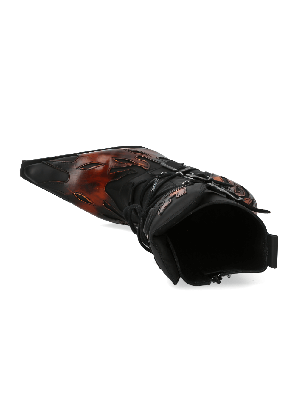 Gothic black and flame-accented heeled boots with buckle details and a sleek design.