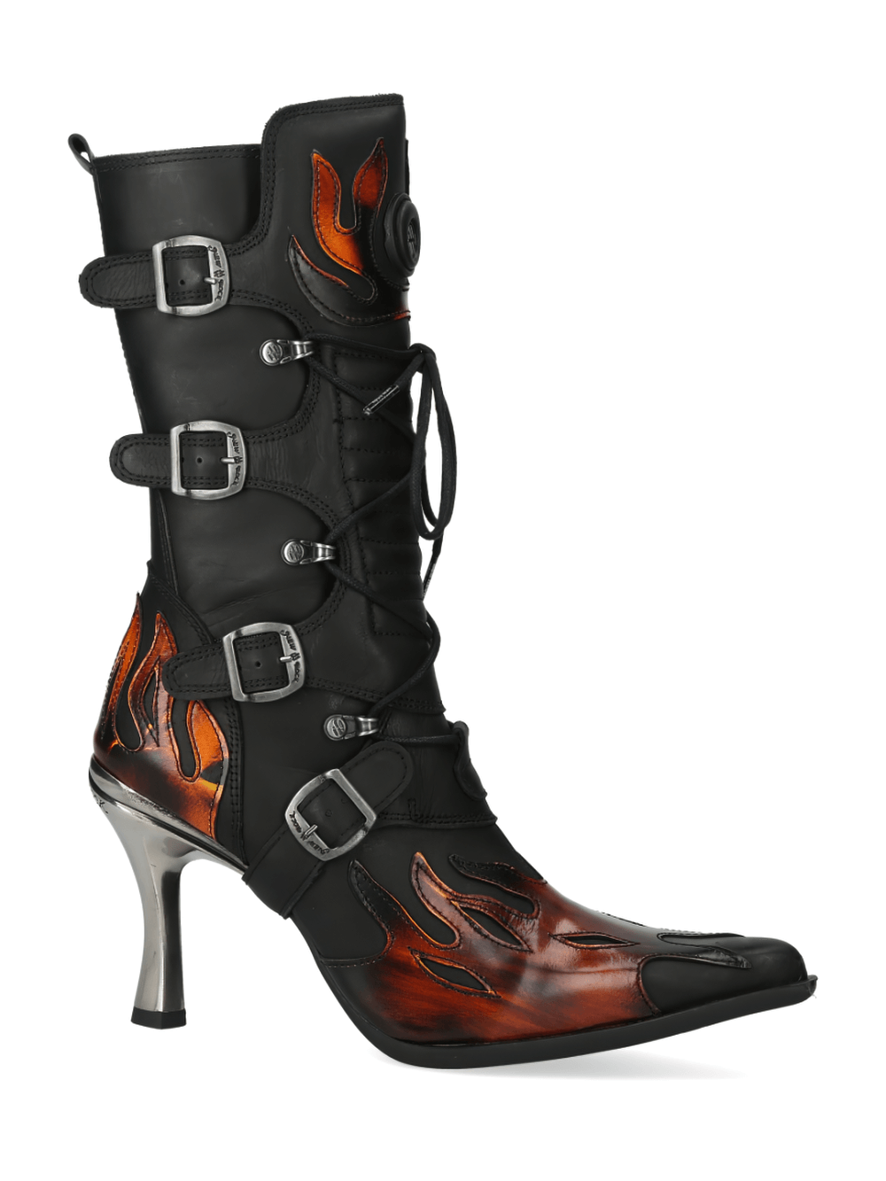 Fiery black gothic heeled boots with buckle accents from the Malicia Collection, showcasing unique flame designs.