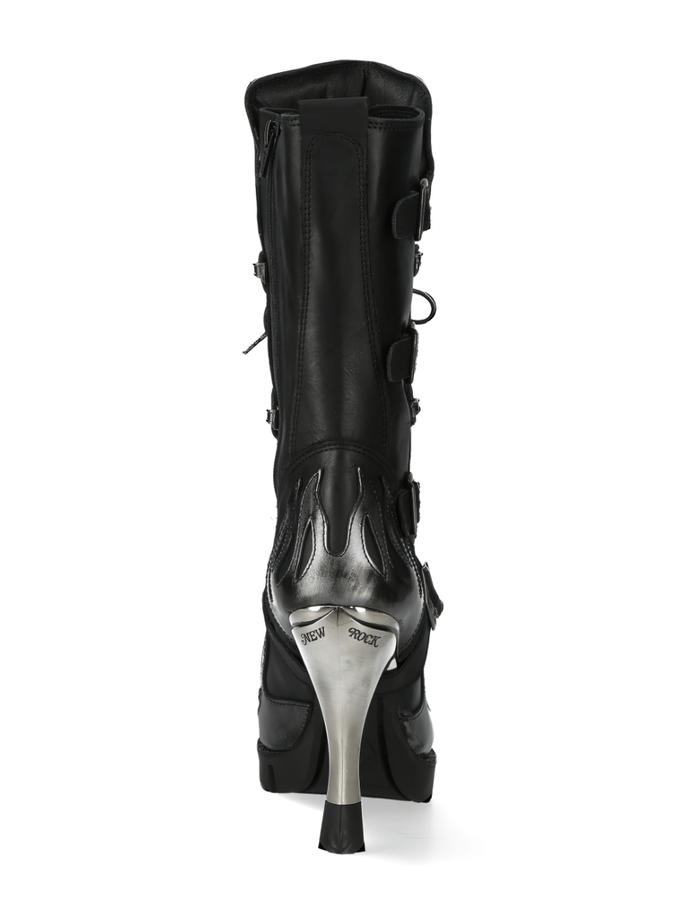 NEW ROCK Flame Accented Heeled Boots with Metallic Touch, showcasing a striking flame design and stylish silver heel.
