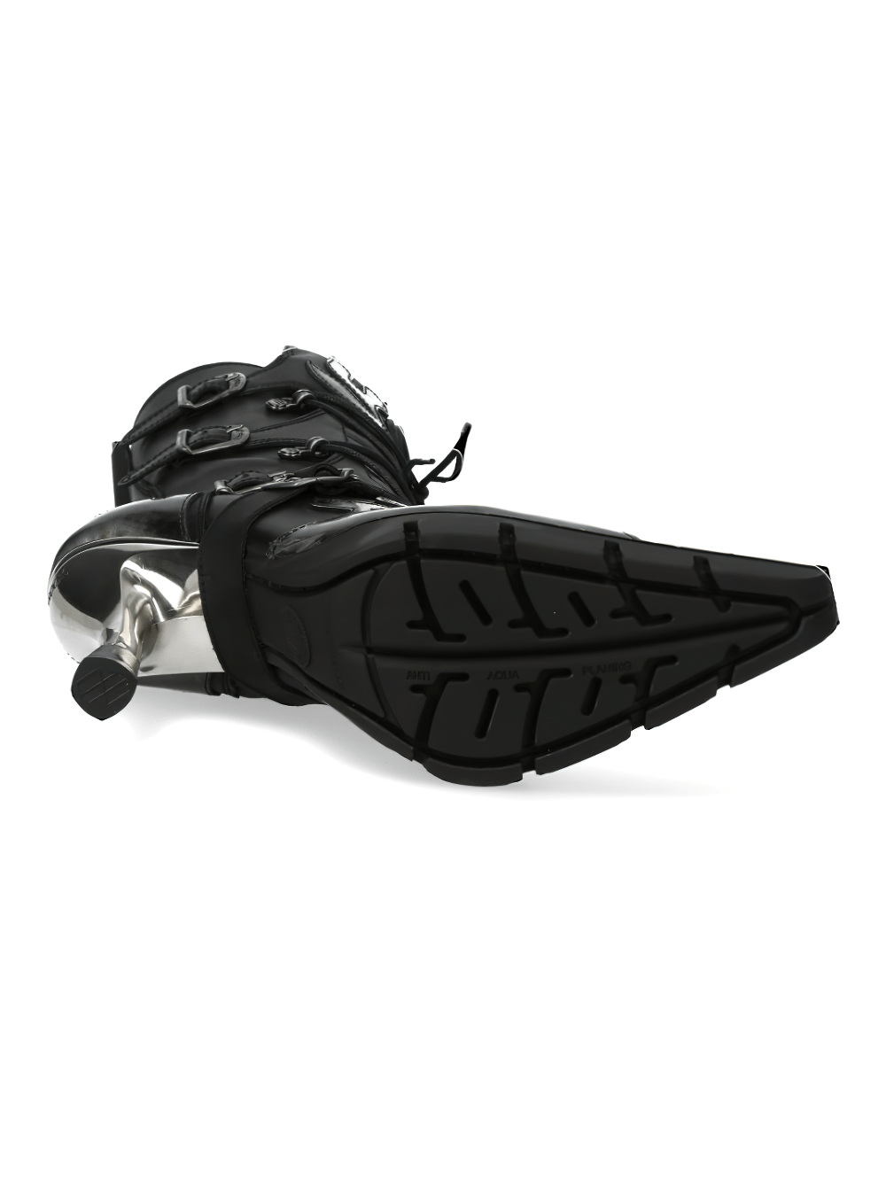 Underside view of NEW ROCK Flame Accented Heeled Boots showcasing flame design and metallic heel.