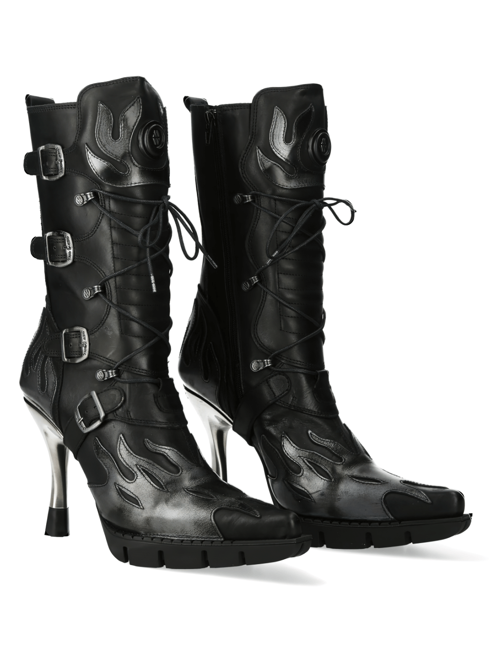 Stylish NEW ROCK Flame Accented Heeled Boots in black leather with metallic elements and dynamic flame design.