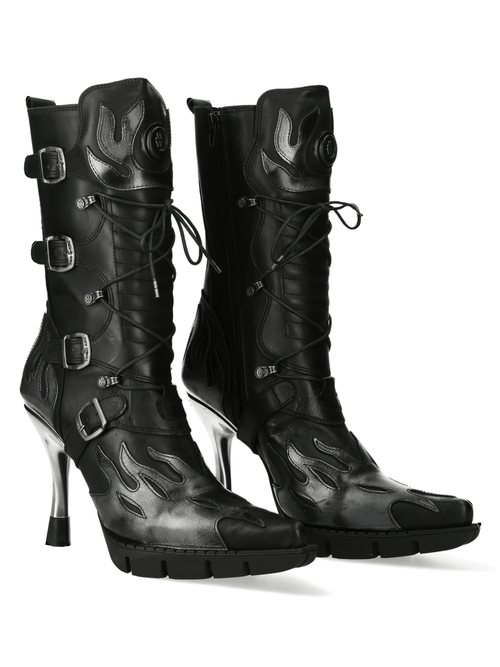 NEW ROCK Flame Accented Heeled Boots with Metallic Touch