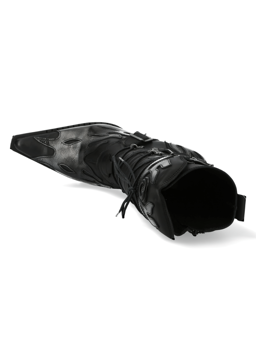 NEW ROCK heeled boots with flame design and metallic touches, showcasing punk rock style and lace-up front.