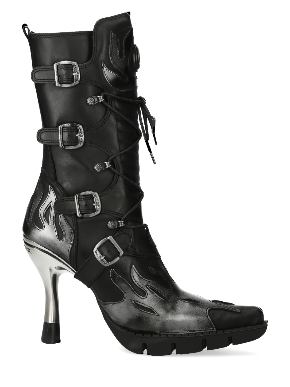 NEW ROCK flame accented heeled boots showcasing stylish black leather and metallic details.