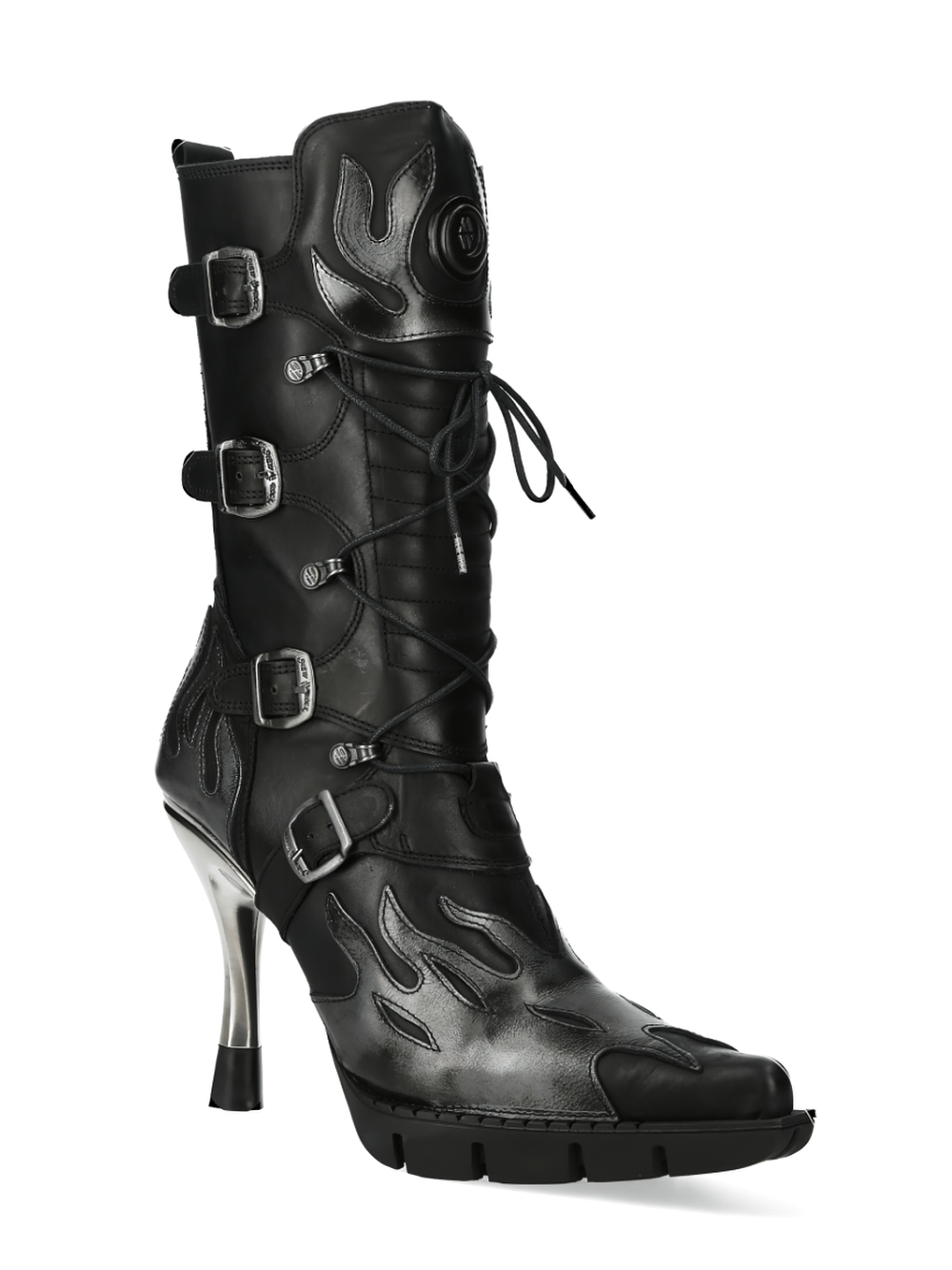 NEW ROCK Flame Accented Heeled Boots with Metallic Touch
