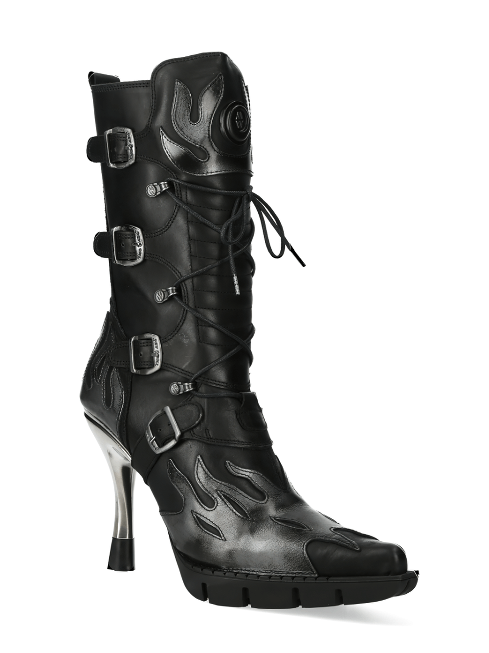 NEW ROCK Flame Accented Heeled Boots with Metallic Touch, showcasing edgy punk style and striking flame design.