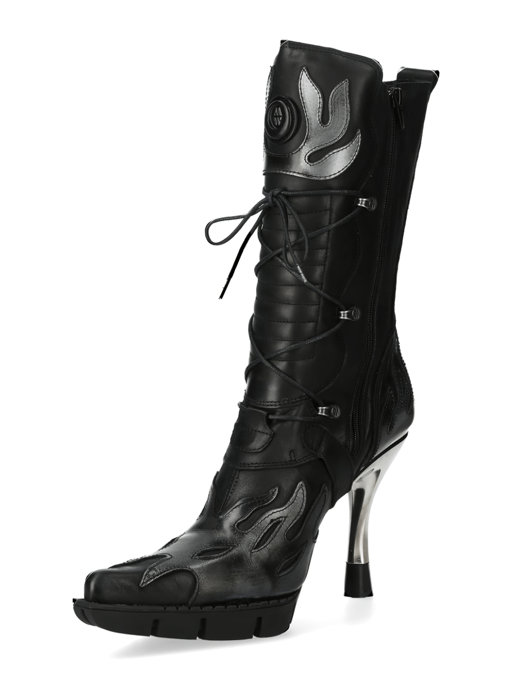 NEW ROCK Flame Accented Heeled Boots with metallic details and lace-up front for edgy urban style.