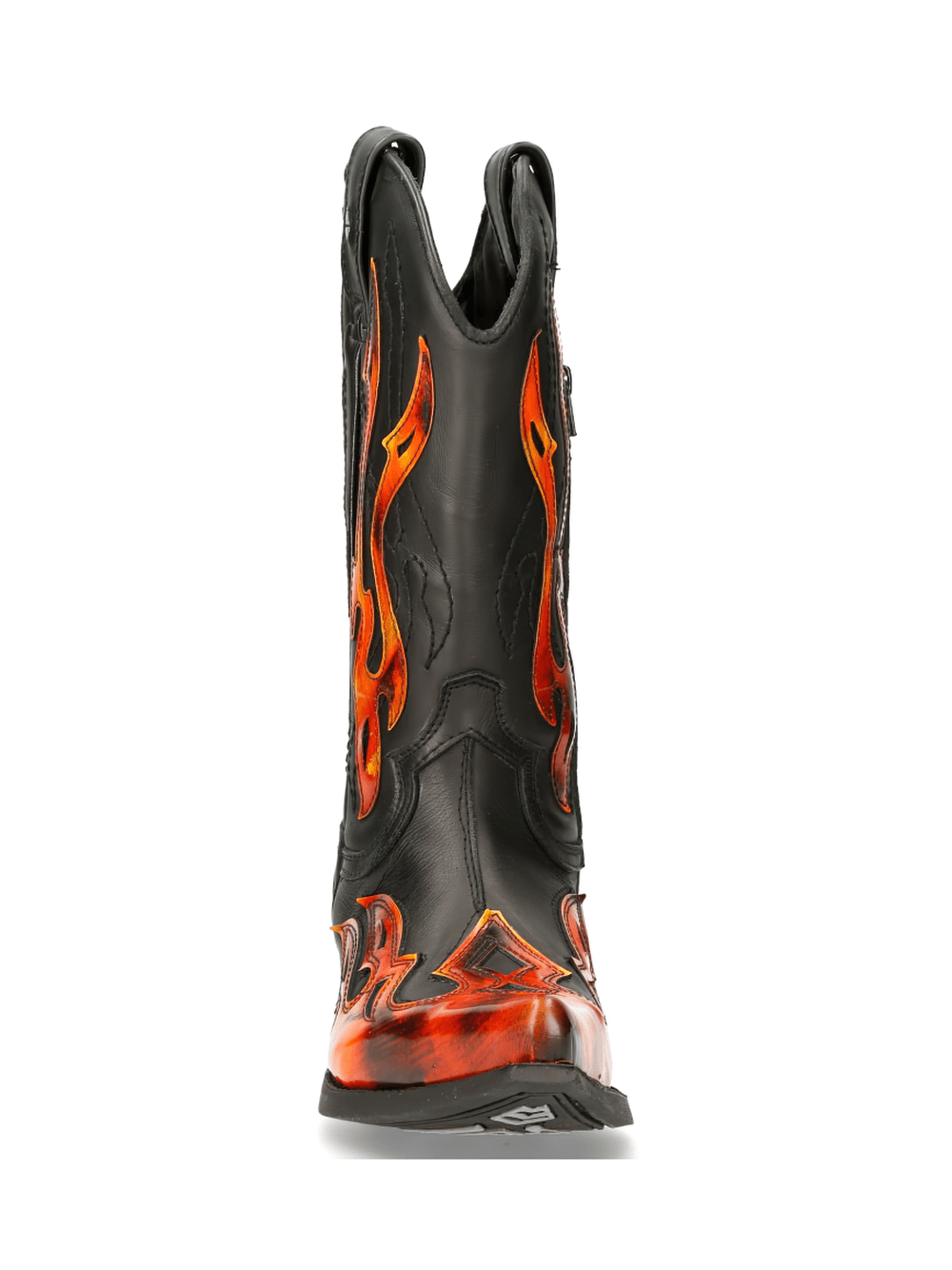 NEW ROCK Men's Flame-Adorned Black Western Leather Boots with stylish flame design for a bold cowboy look.