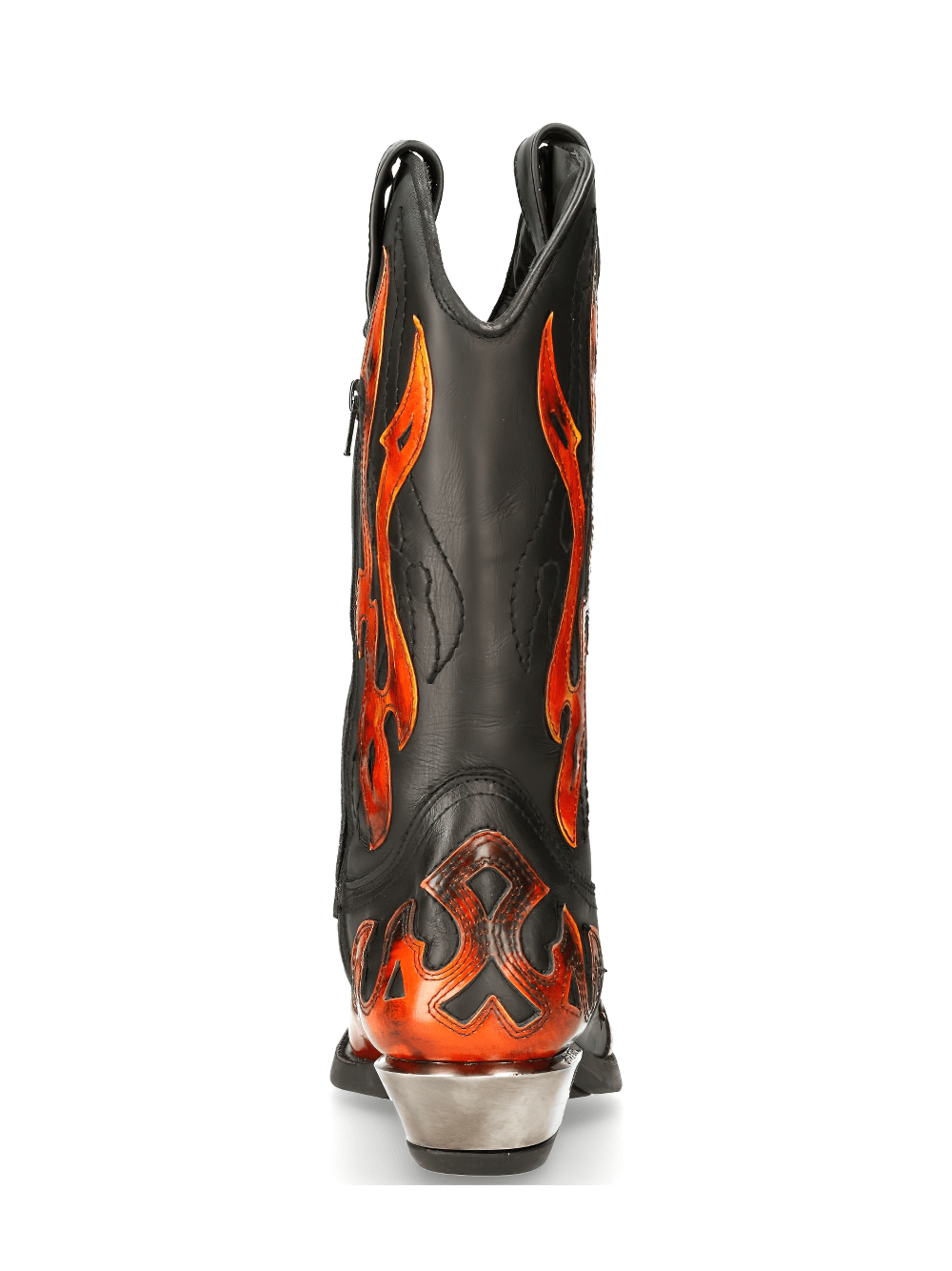 Back view of NEW ROCK black cowboy boots with fiery orange flame designs, showcasing stylish Western flair.