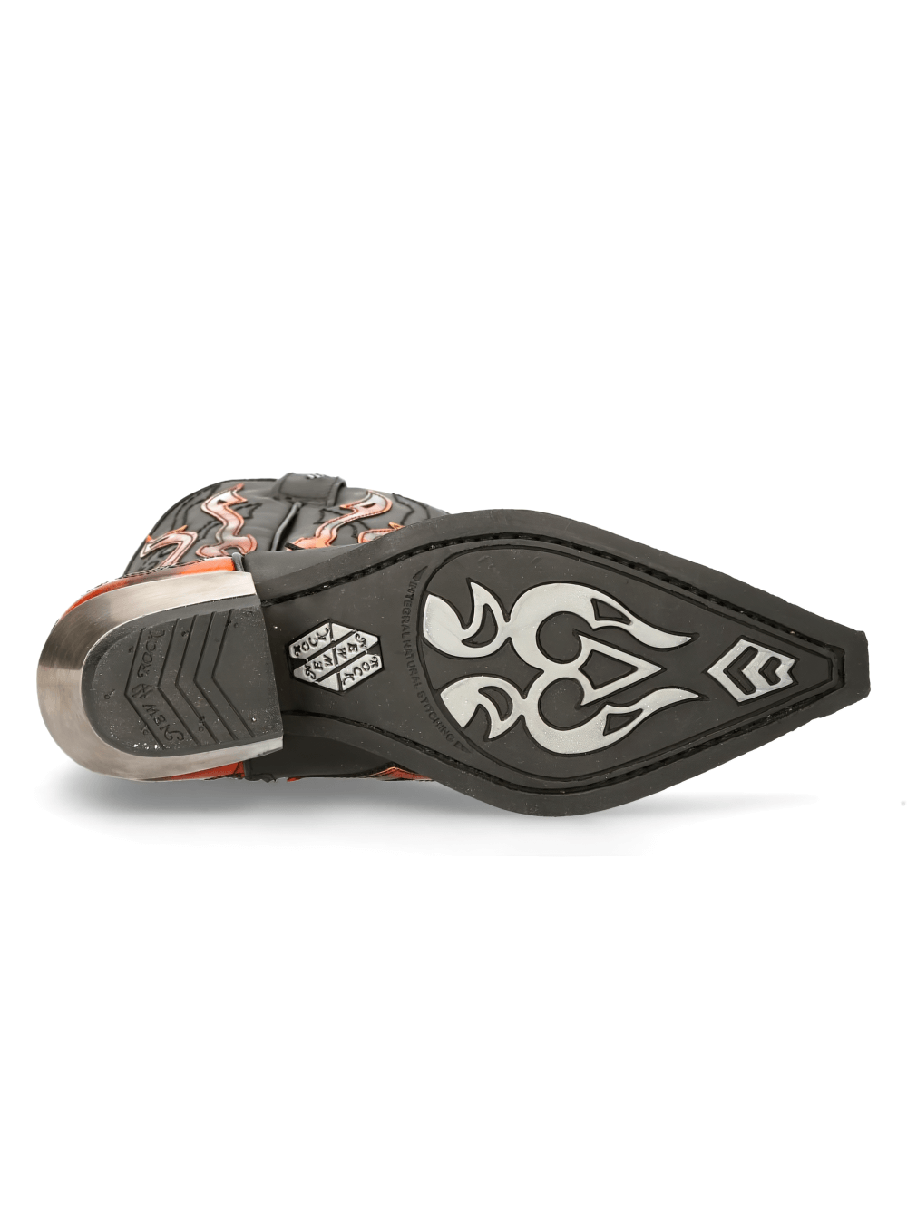 Bottom view of NEW ROCK men's black cowboy boots with flame accents, showcasing stylish design and durable sole.