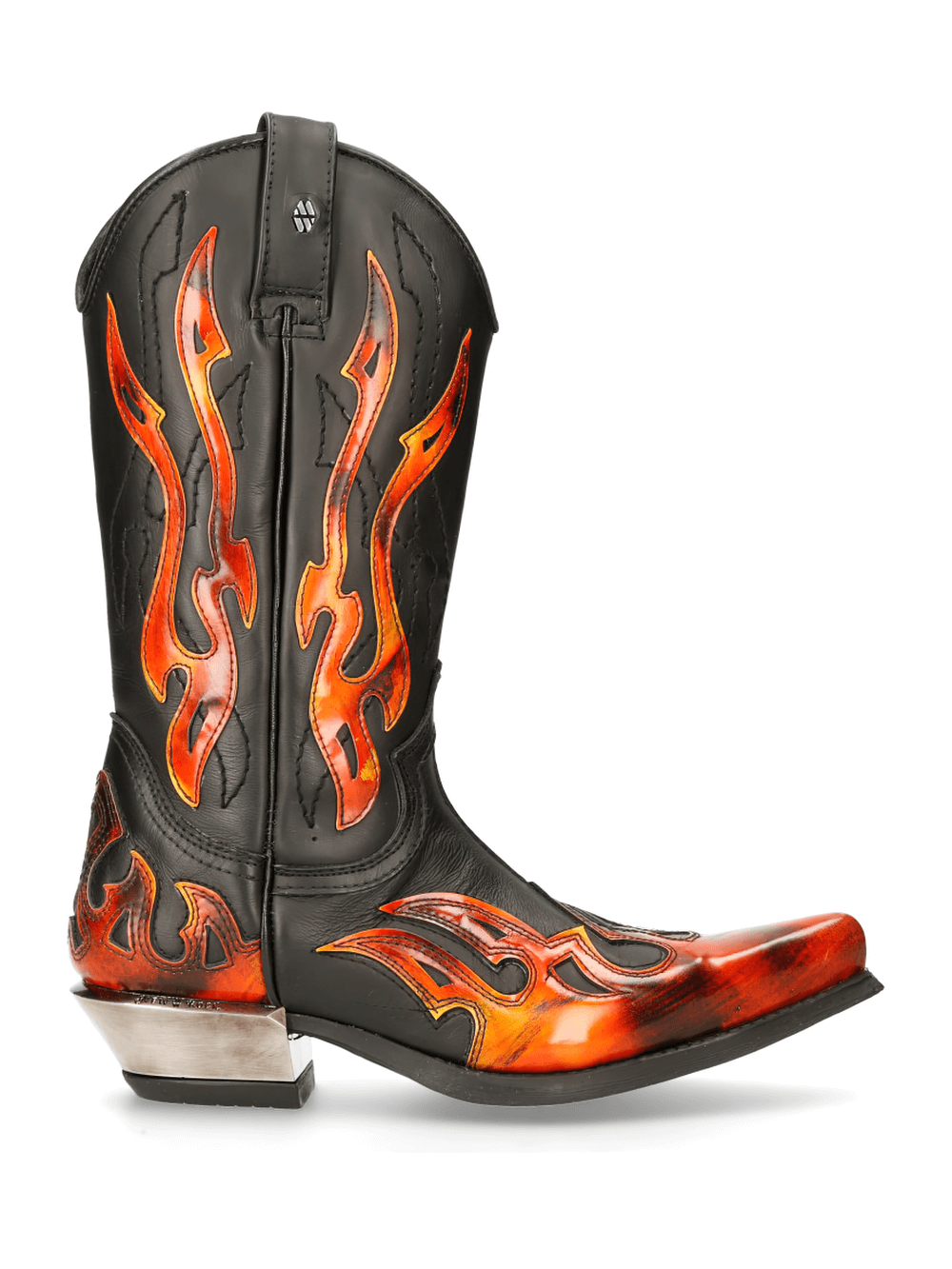 NEW ROCK Black Western leather boots with fiery flame design, perfect for making a bold cowboy statement.
