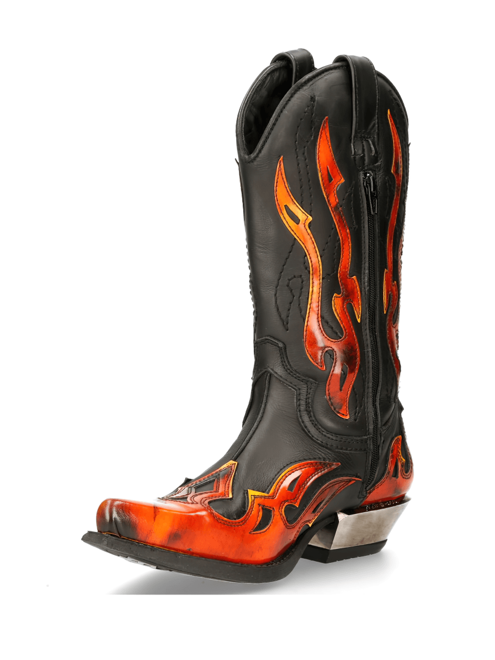 NEW ROCK Flame-Adorned Black Western Leather Boots