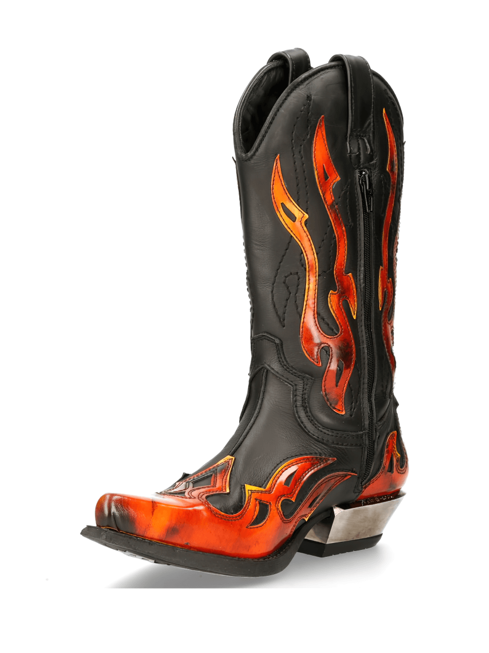NEW ROCK Men's Black Western Leather Boots with Fiery Flame Design, Stylish Cowboy Footwear.
