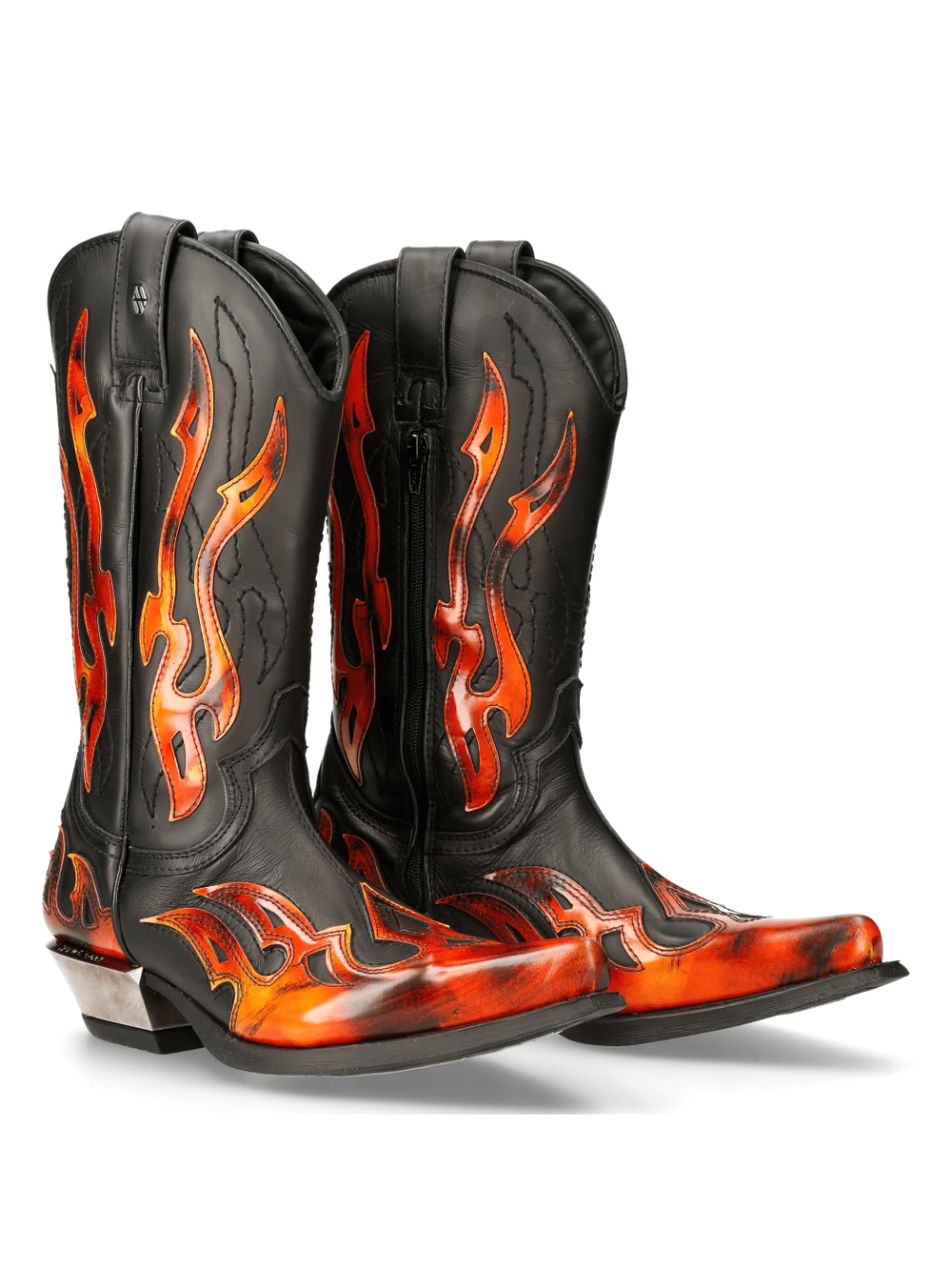 NEW ROCK black leather cowboy boots with flame design, perfect for a bold Western style statement.