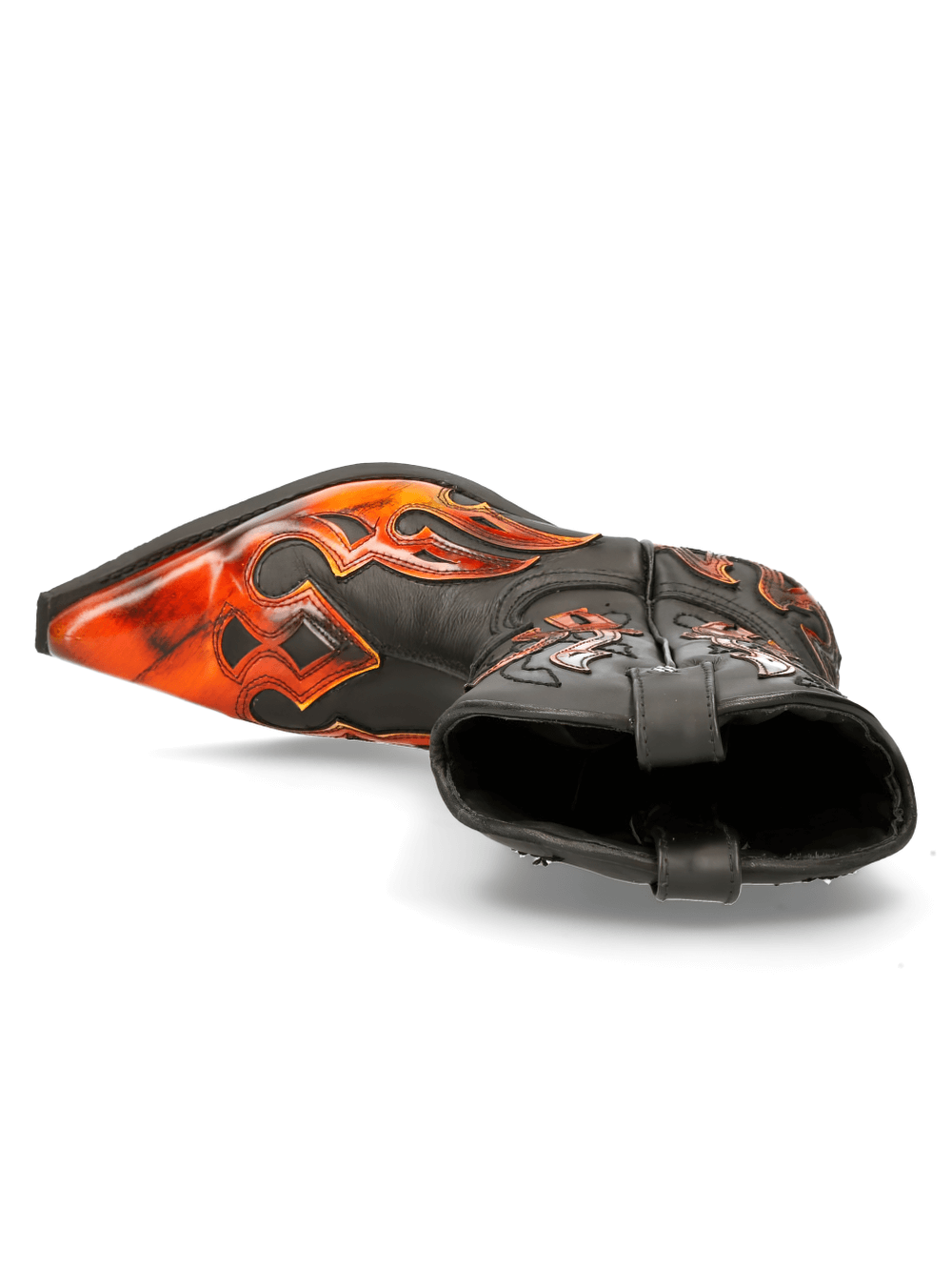Stylish NEW ROCK black cowboy boots with flame design, showcasing bold colors and unique Western flair.