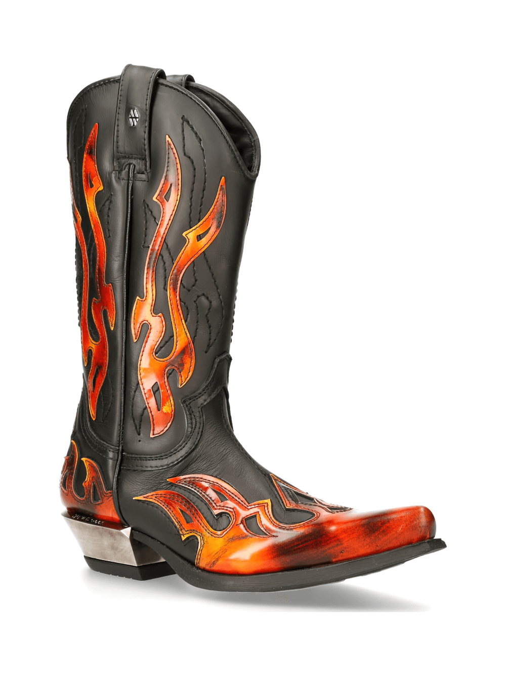 NEW ROCK Men's black cowboy boots adorned with fiery orange flame motifs, perfect for making a bold western style statement.