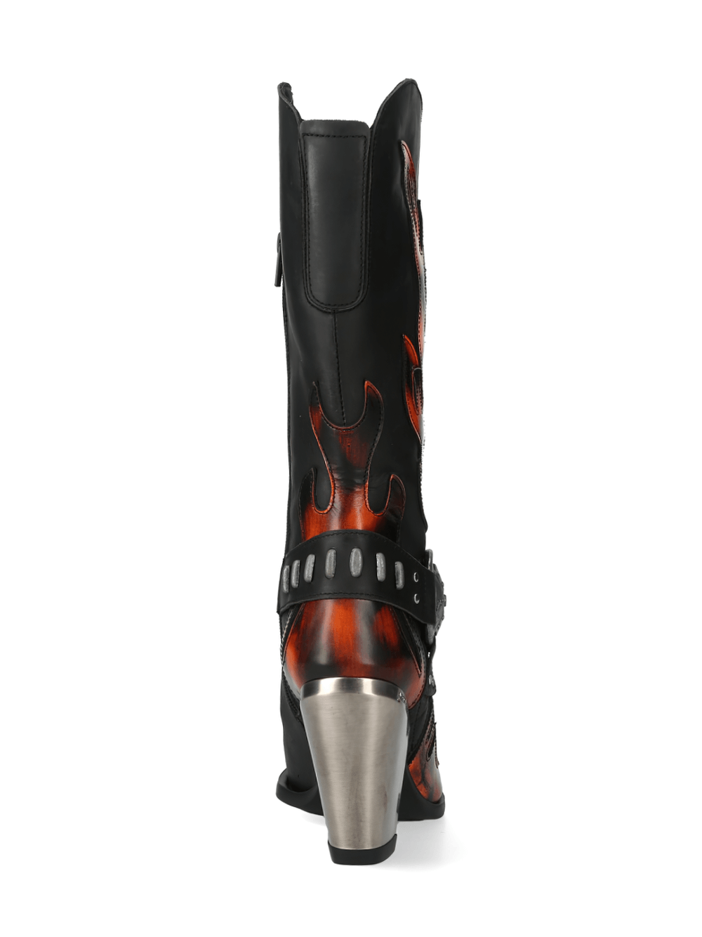Back view of NEW ROCK Flame-Embossed Western Boots with metal buckle, featuring bold flame design and stylish heel.