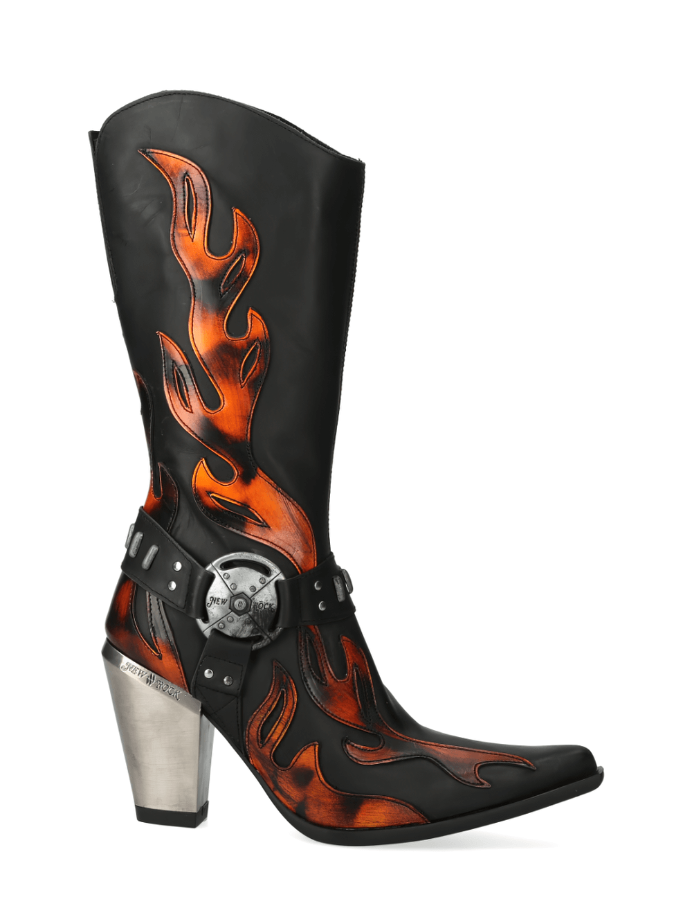NEW ROCK Flame-Embossed Western Boots with metal buckle and bold flame design, perfect for edgy urban outfits.