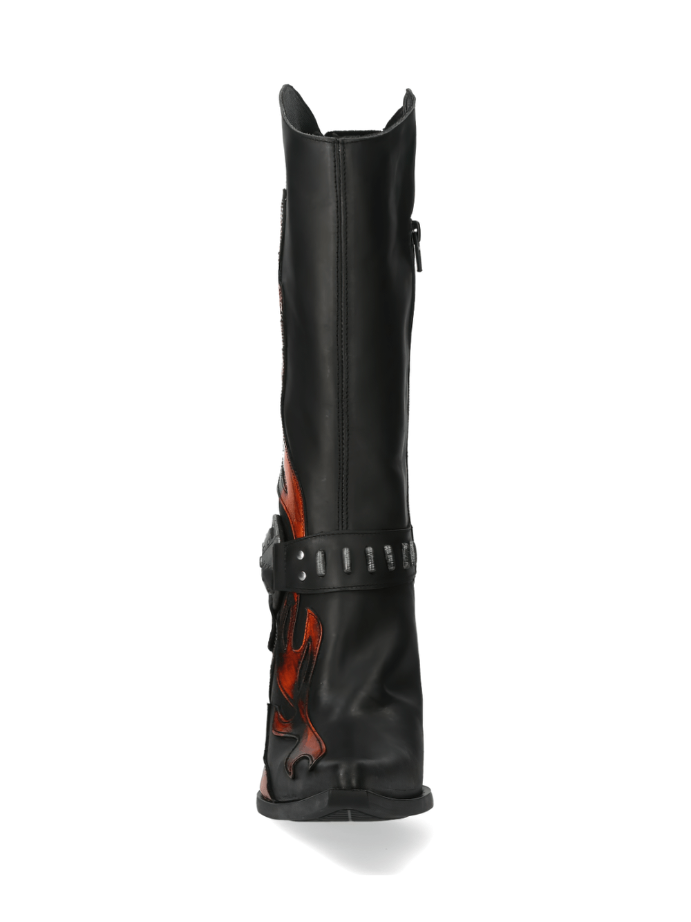 Side view of NEW ROCK flame-embossed western boots with metal buckle, showcasing edgy flame design and sleek black leather.