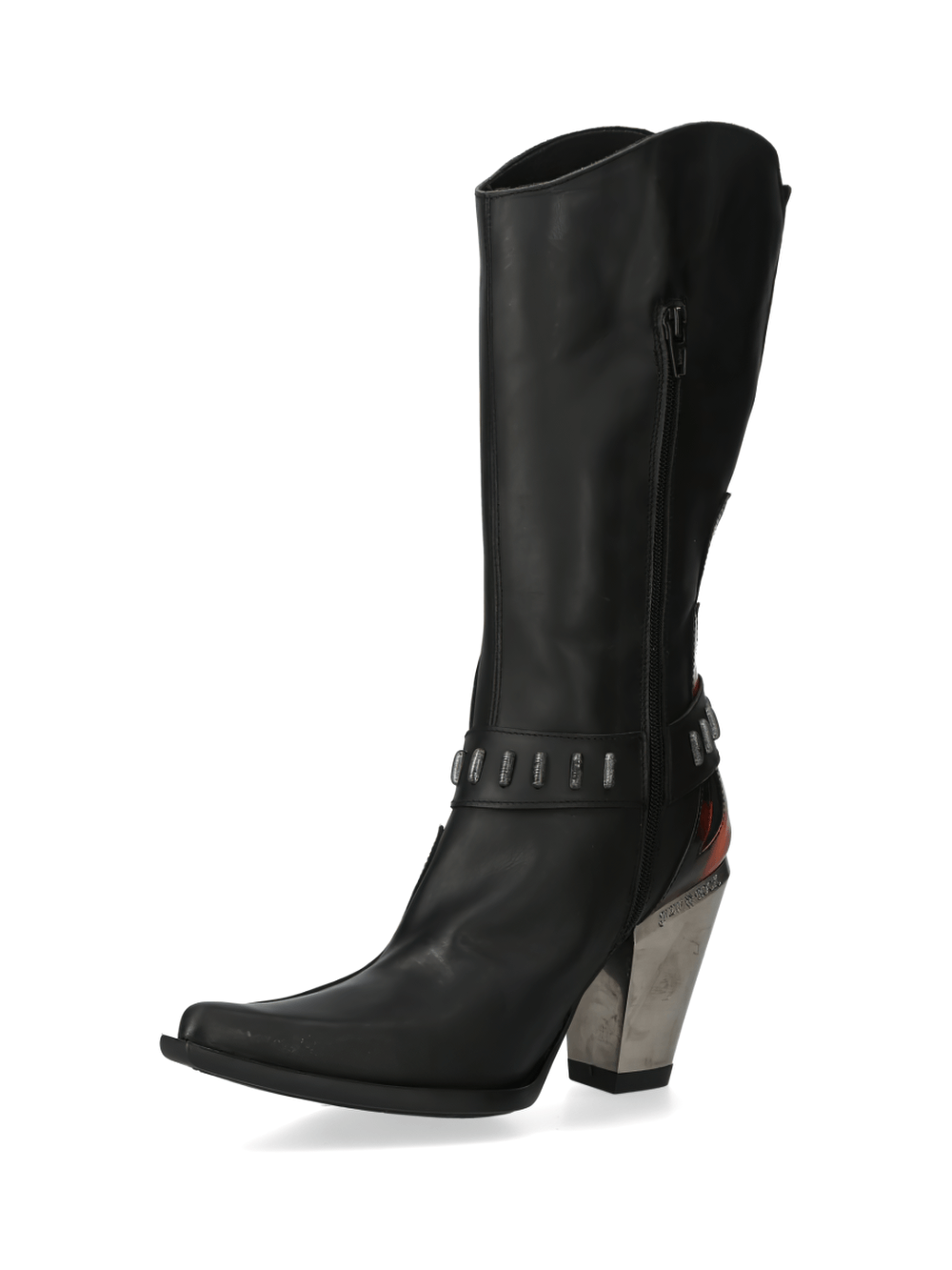 Bold black cowboy boots with flame embossing and metal buckle detail, perfect for a fashion-forward look.