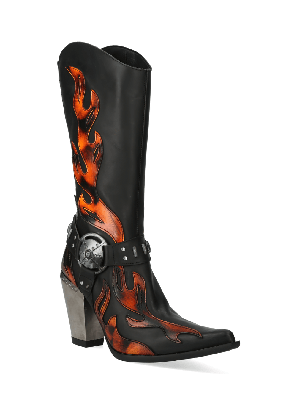 NEW ROCK black cowboy boots with flame design and metal buckle, perfect for bold urban style.