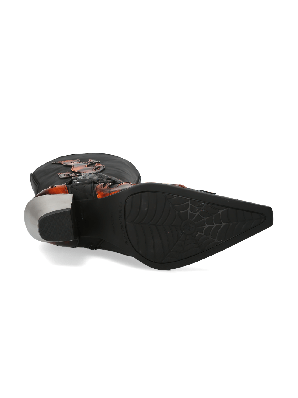 Bottom view of NEW ROCK black cowboy boots featuring a bold flame design and stylish metal buckle, showcasing durable rubber sole.