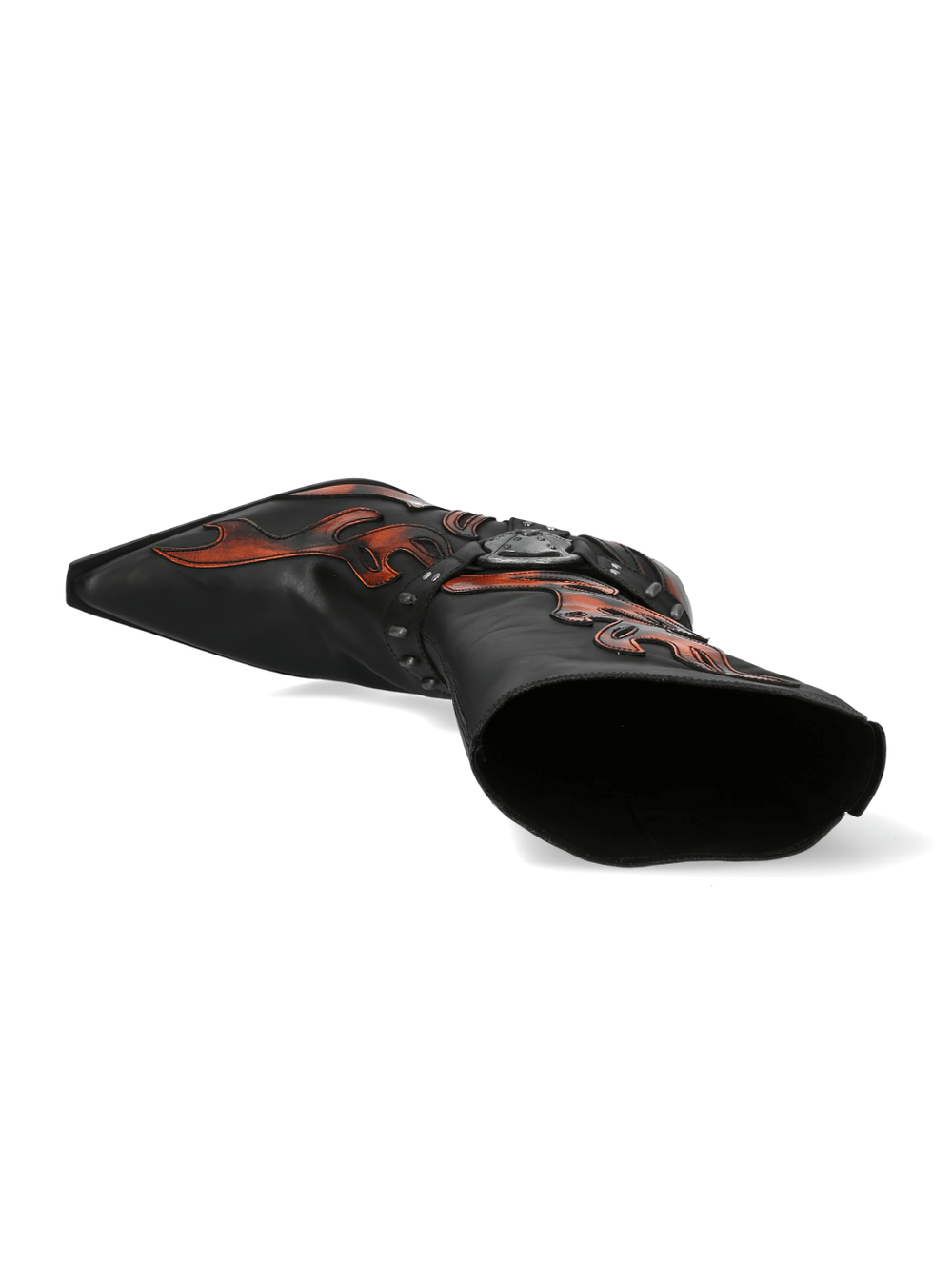 NEW ROCK black cowboy boots with flame embossing and metal buckle detail, showcasing edgy style and craftsmanship.
