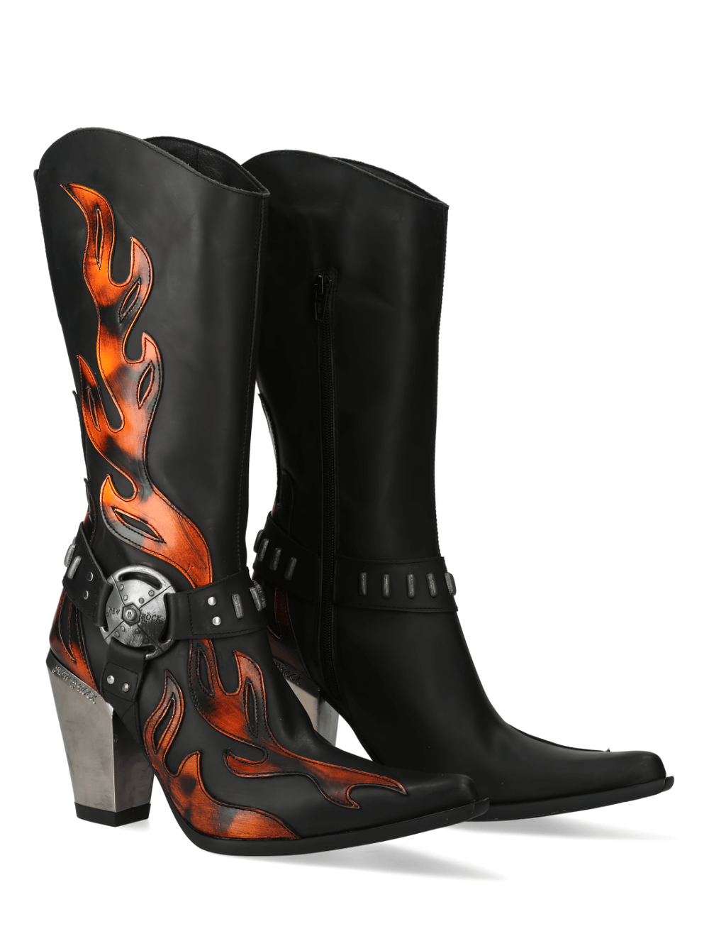 NEW ROCK flame-embossed black cowboy boots with metal buckle and stylish heel for a bold, edgy look.