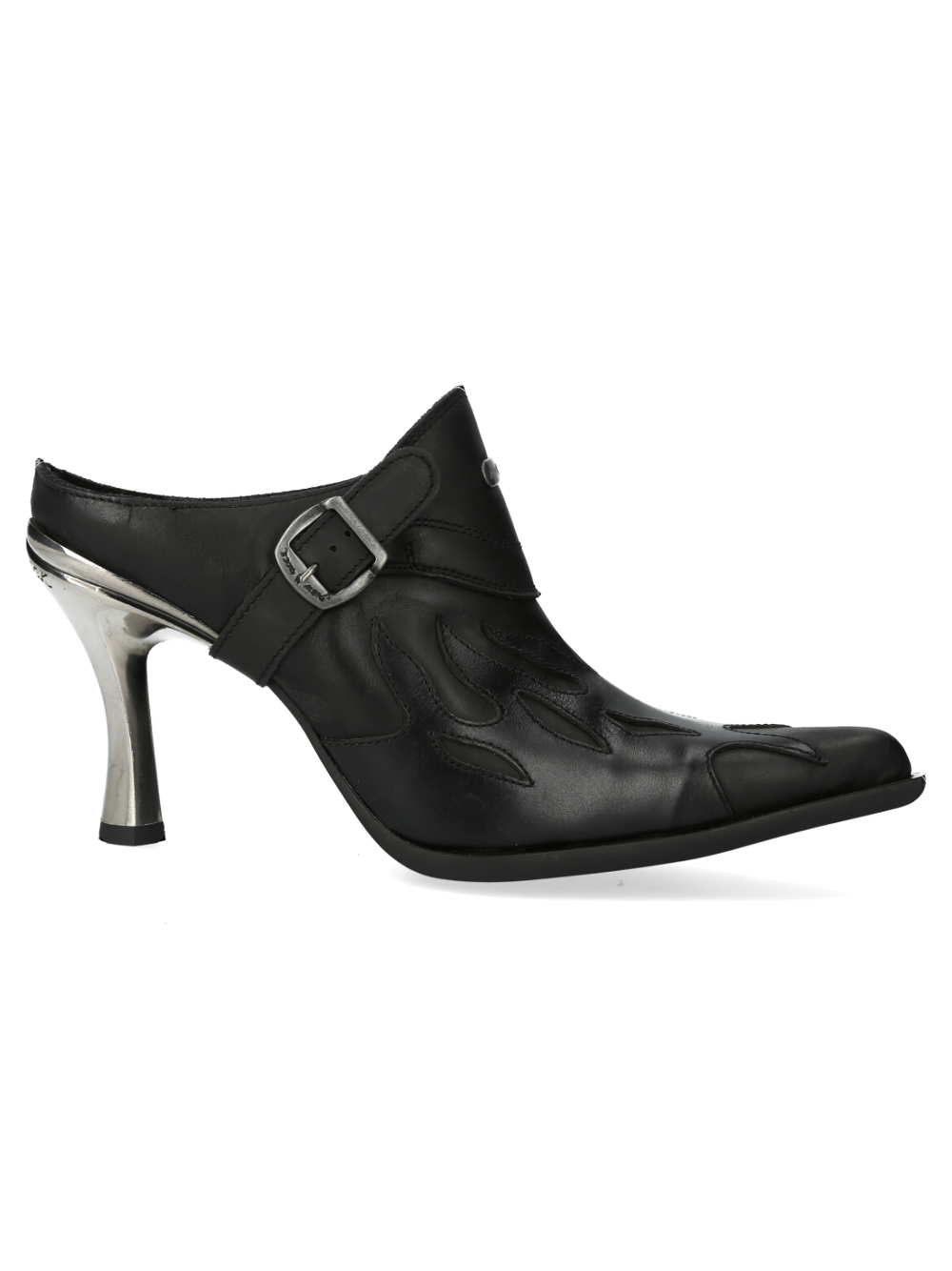 Flame-inspired black leather buckle shoes from Newrock's MALICIA COLLECTION with a stylish metallic heel.