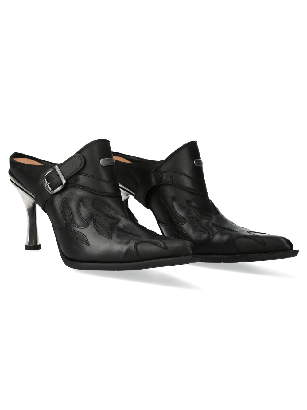 NEW ROCK flame-inspired black leather buckle shoes with pointed toe and unique design for bold fashion statements.