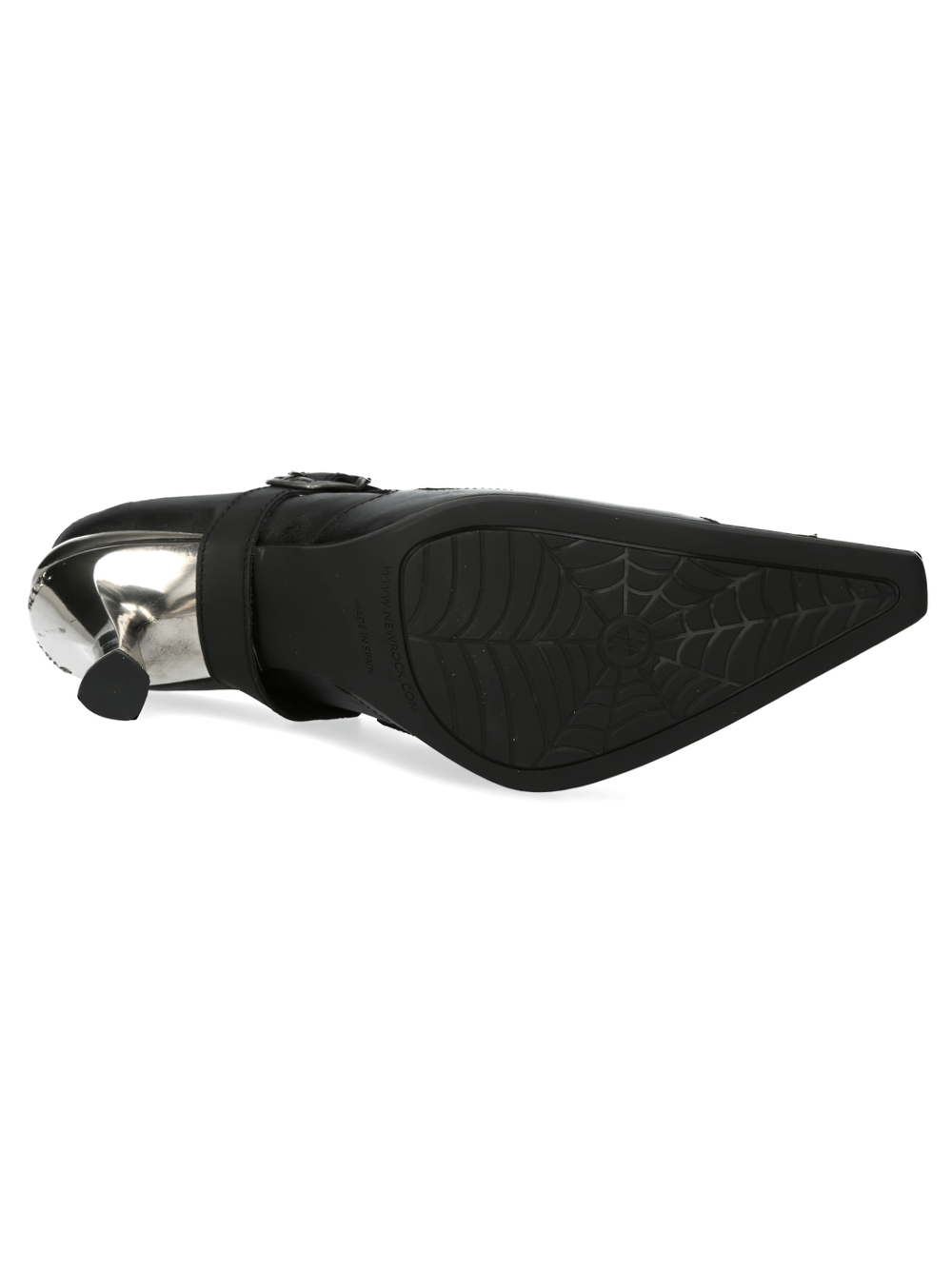 Black leather pointed toe shoe with striking metal detail and spider web patterned sole.