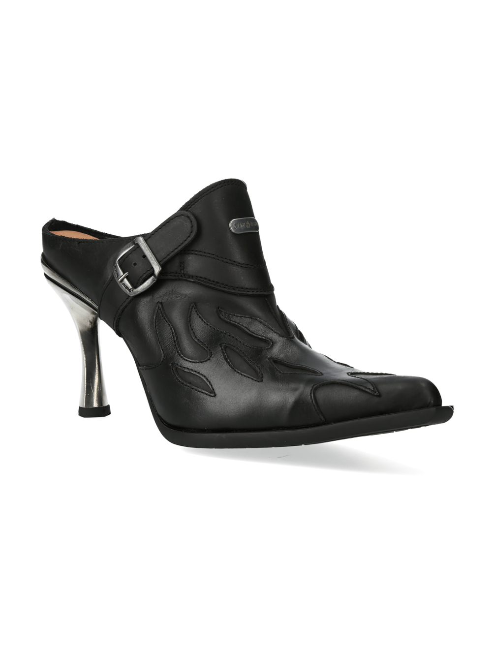 Bold black leather mules with flame design and silver heel buckle from the NEW ROCK MALICIA COLLECTION.