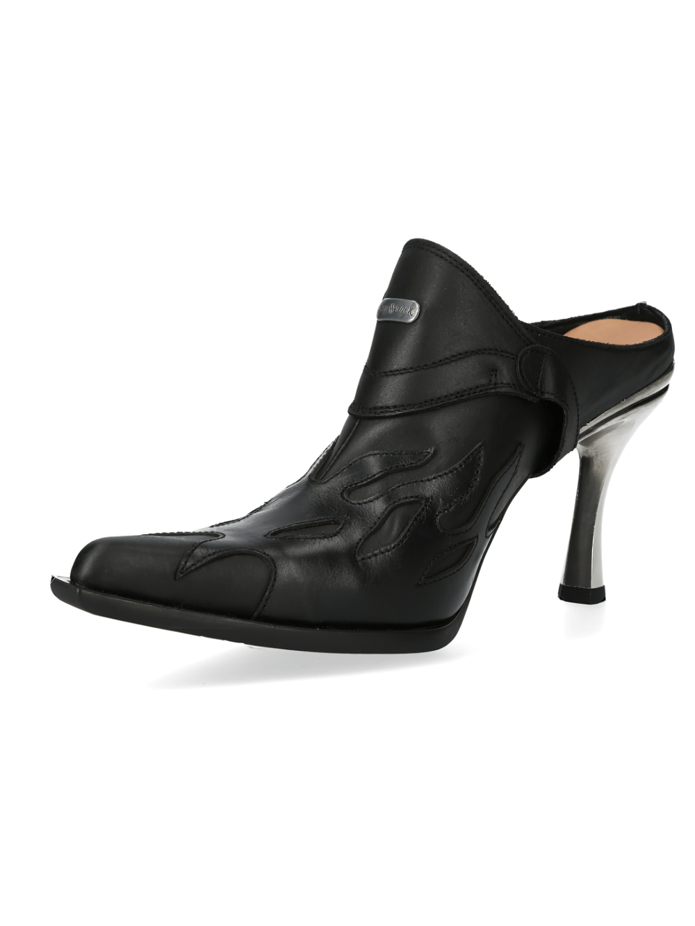 Flame-inspired black leather buckle shoes from the MALICIA COLLECTION with pointed toe and stylish heel.