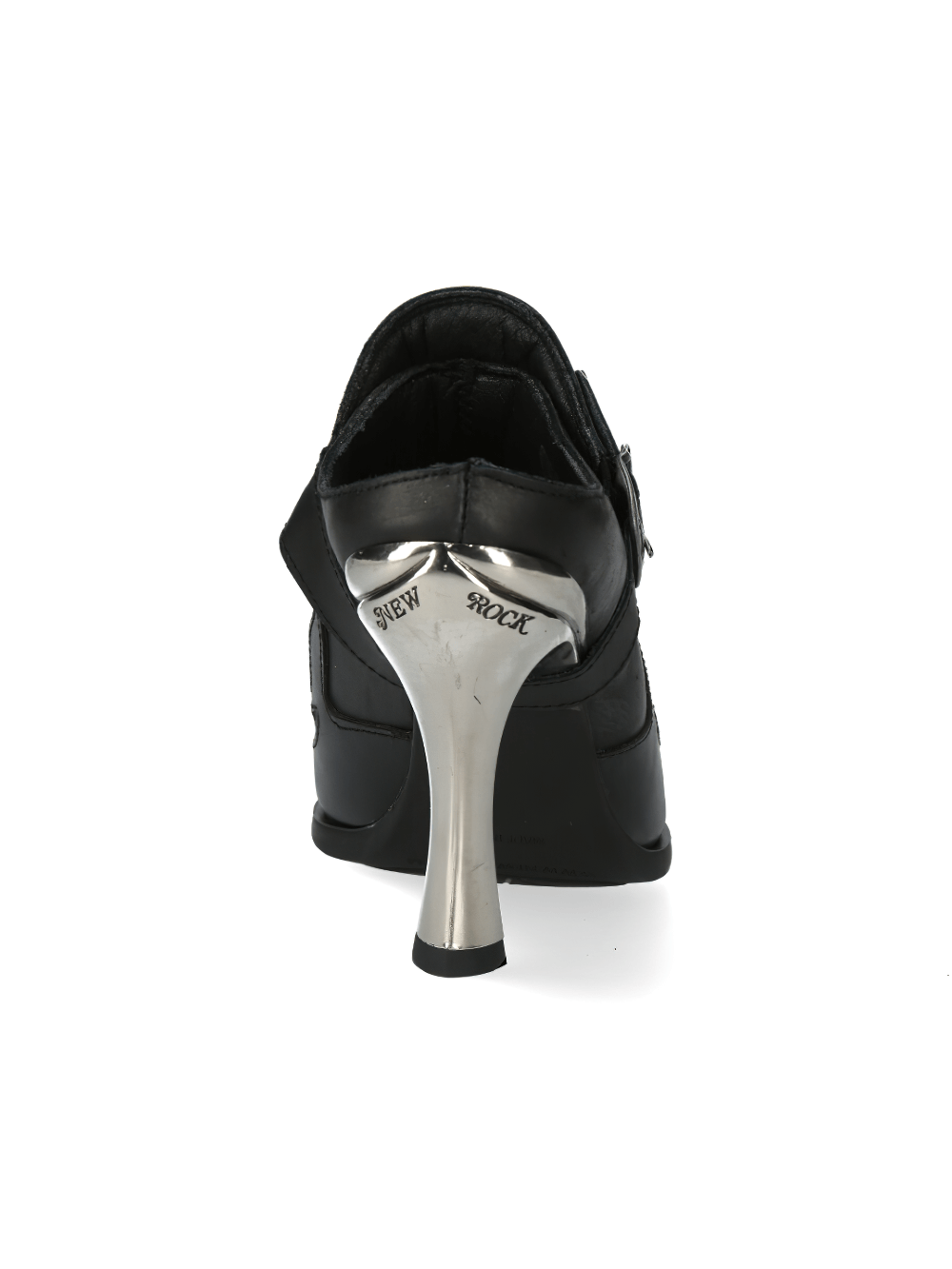 Back view of NEW ROCK flame-inspired black leather shoes with striking silver heel design.