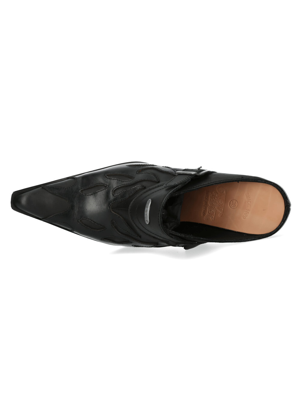 Top view of NEW ROCK black leather buckle shoes with flame design and pointed toe.