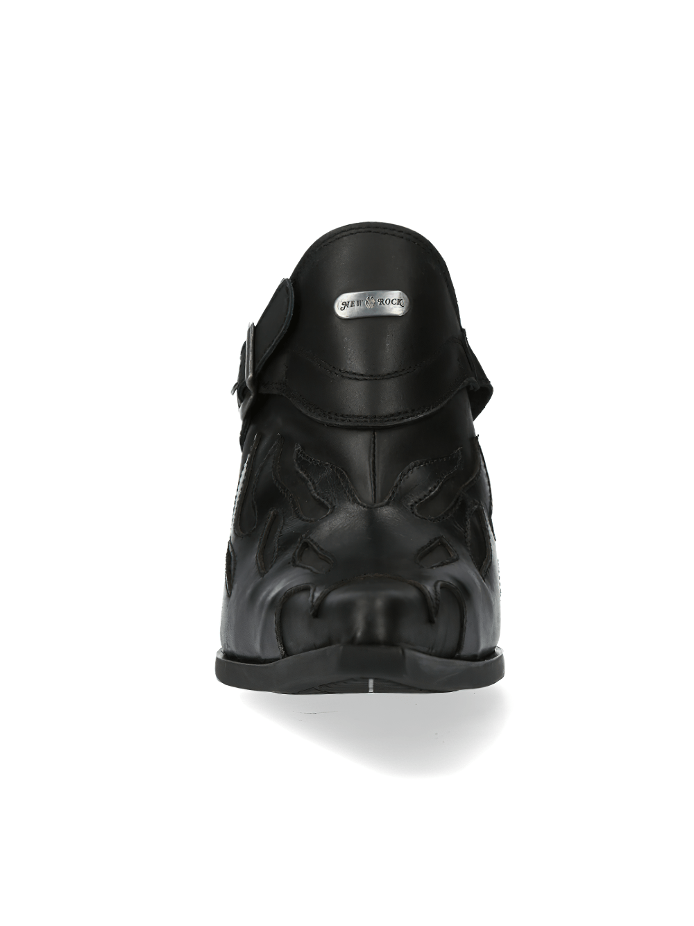 Bold flame-inspired black leather buckle shoes from the MALICIA COLLECTION, showcasing stunning design and style.