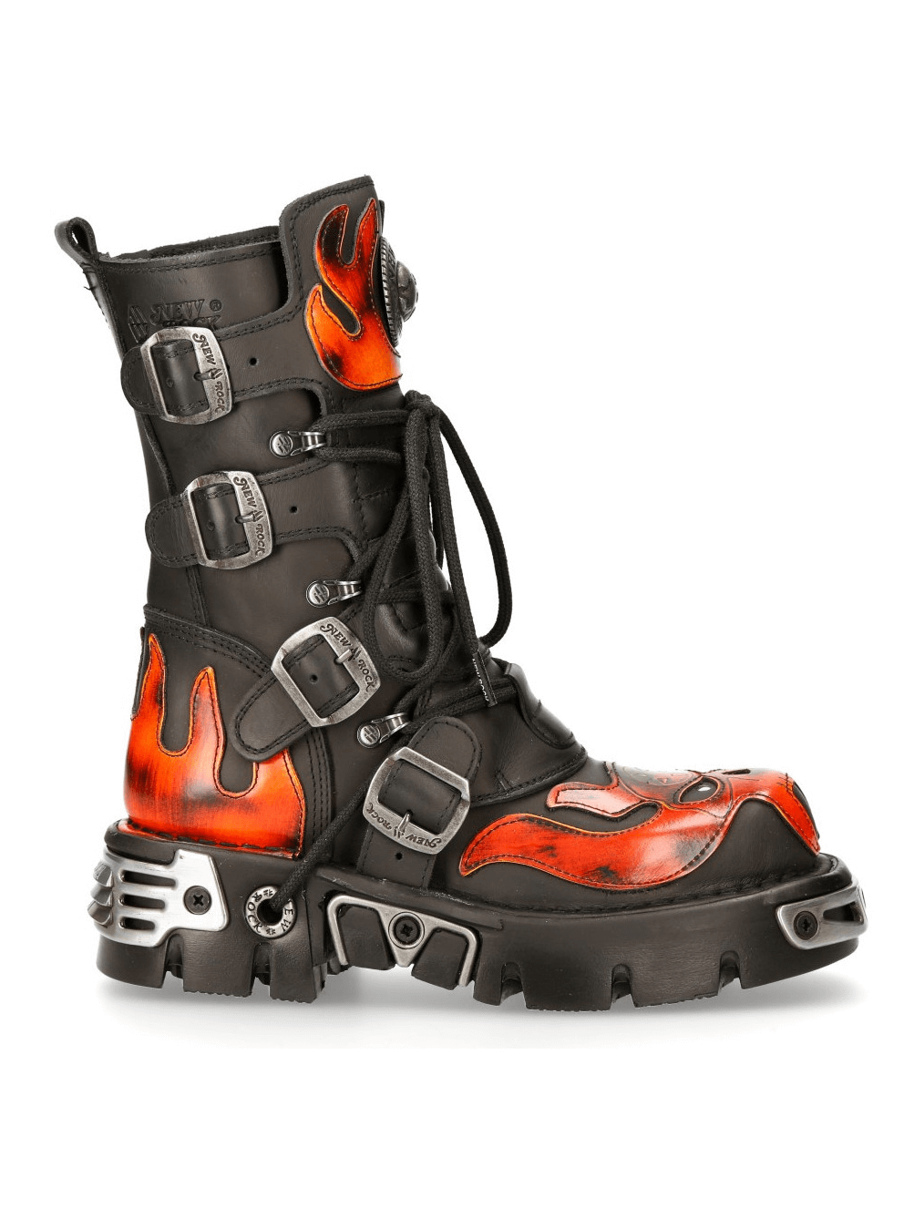 Men's Gothic Punk Rock Boots with flame-pattern design, leather and rubber construction, stylish and edgy footwear.