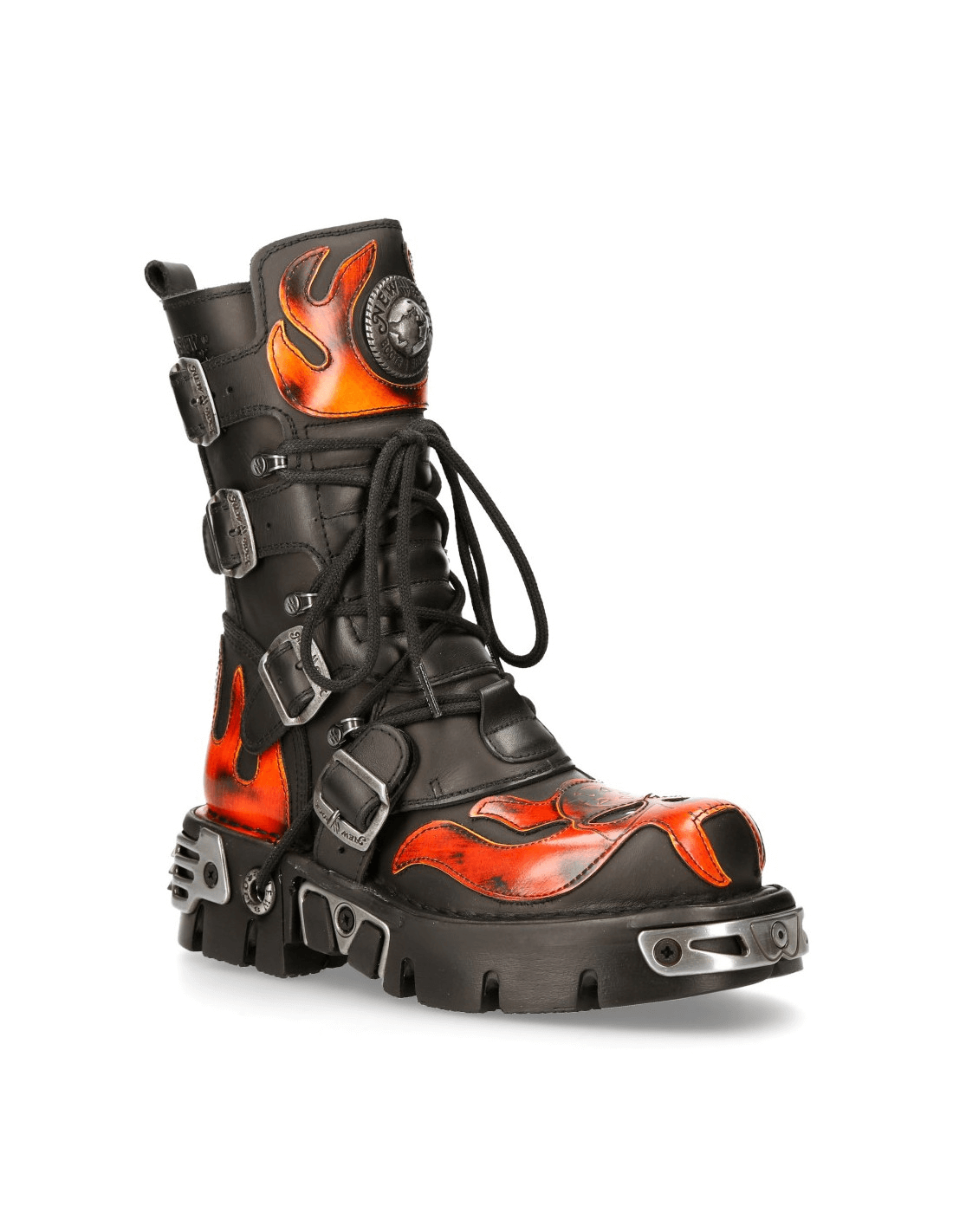 NEW ROCK men's flame-patterned gothic punk rock boots with genuine leather and fire design, perfect for unique stylish looks.