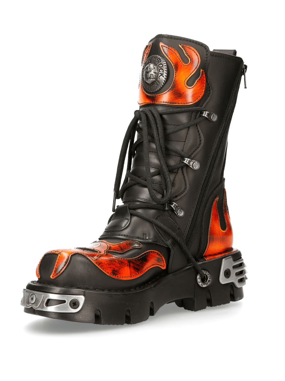 NEW ROCK Men's Flame-Patterned Gothic Punk Rock Boots with fire design and durable leather material.