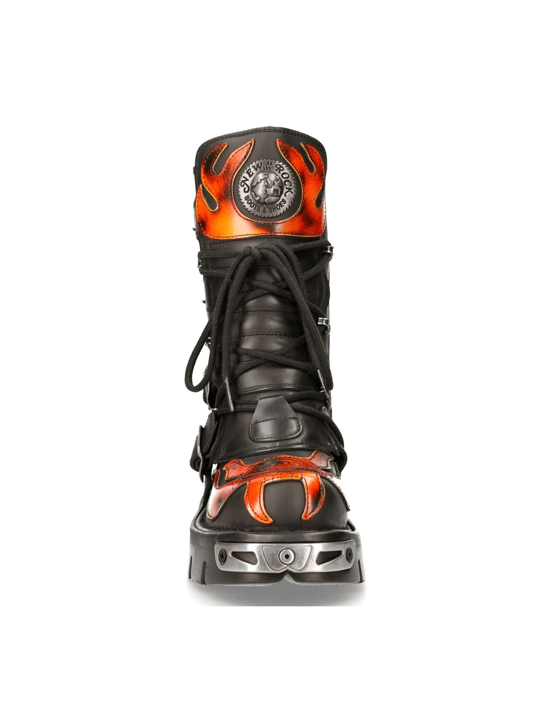 NEW ROCK Men's Flame-Patterned Gothic Punk Rock Boots with striking fire design and black leather finish.