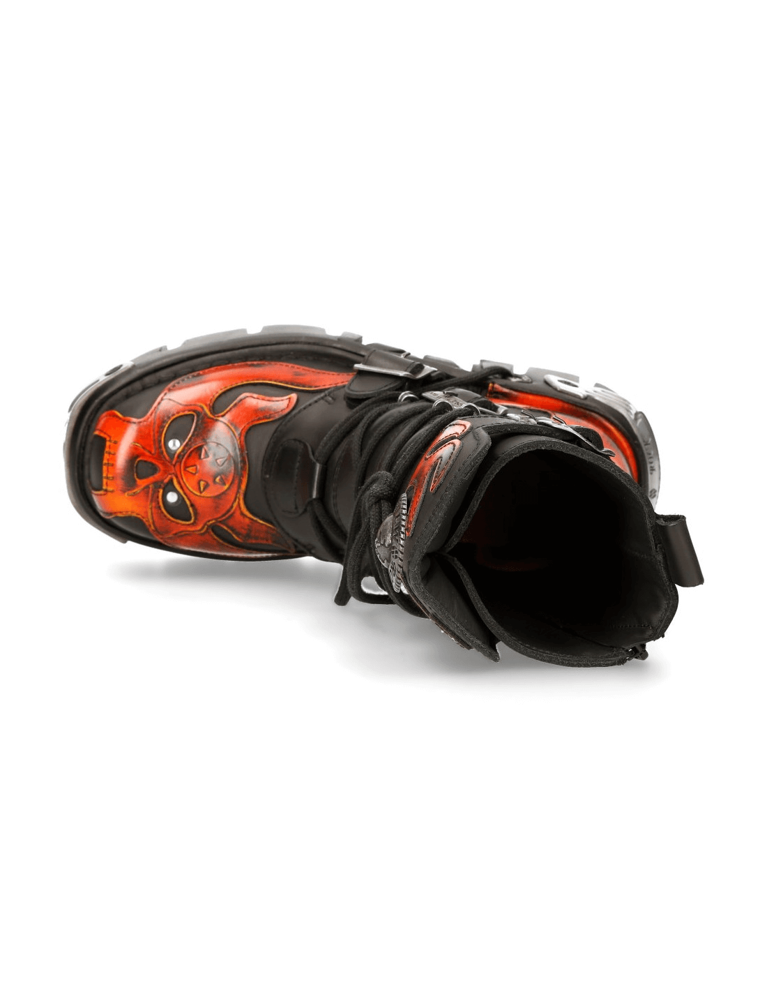 Top view of NEW ROCK men's flame-patterned gothic punk rock boots with a striking fire design.