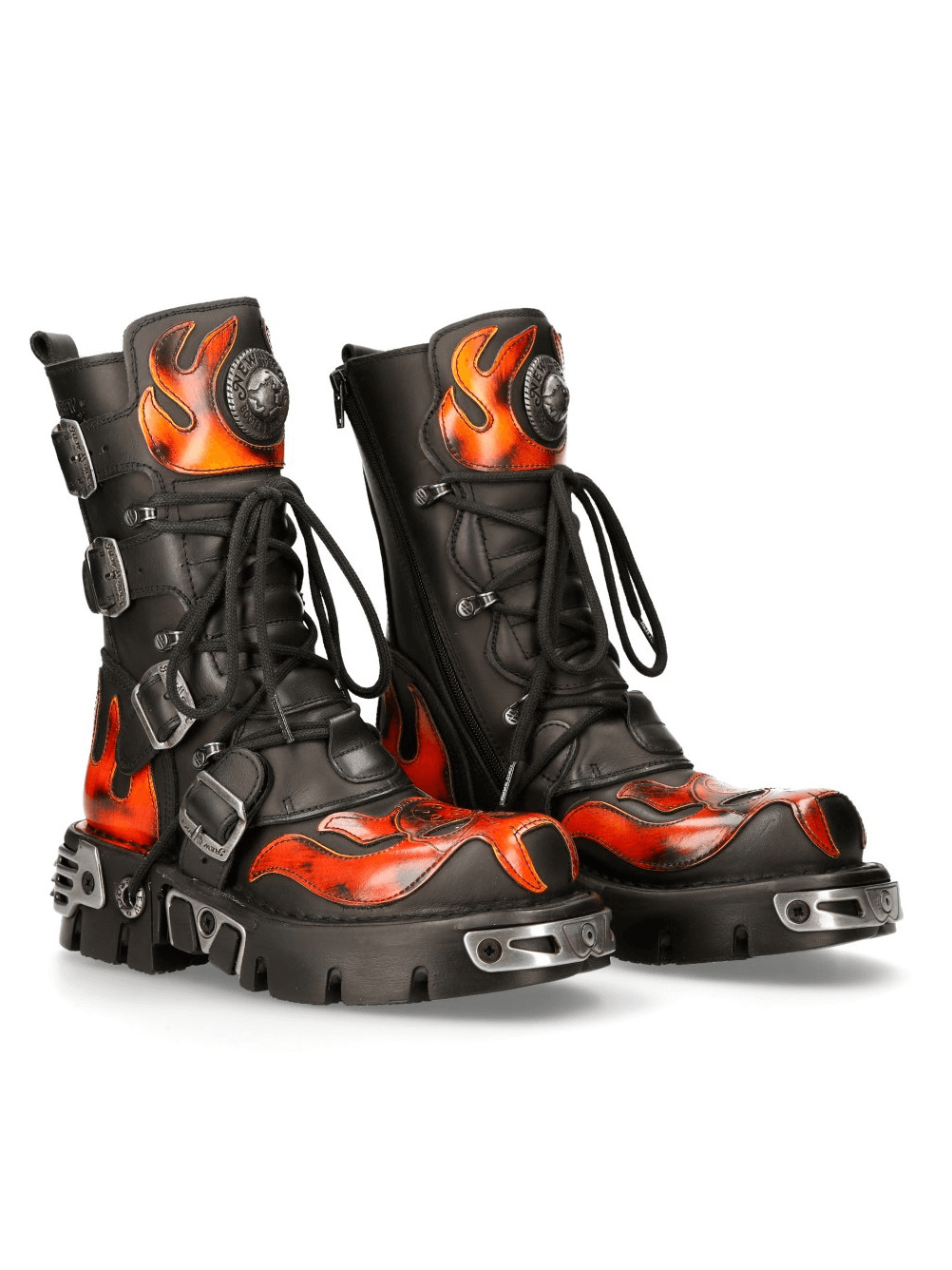 Flame-patterned gothic punk rock boots for men, featuring a striking fire design and metallic accents.