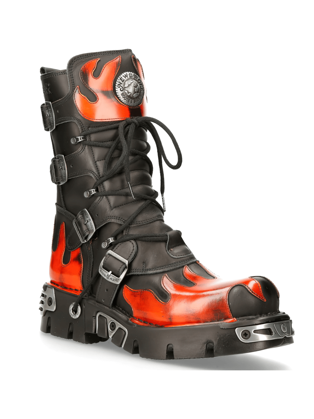 NEW ROCK metallic flame-styled punk boots with zipper and flat heel, embodying bold goth fashion.