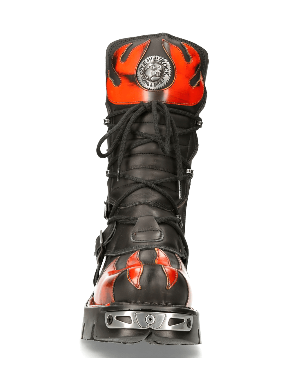 NEW ROCK Flame-Styled Punk Rock Boots for men with metallic design and flat heel.